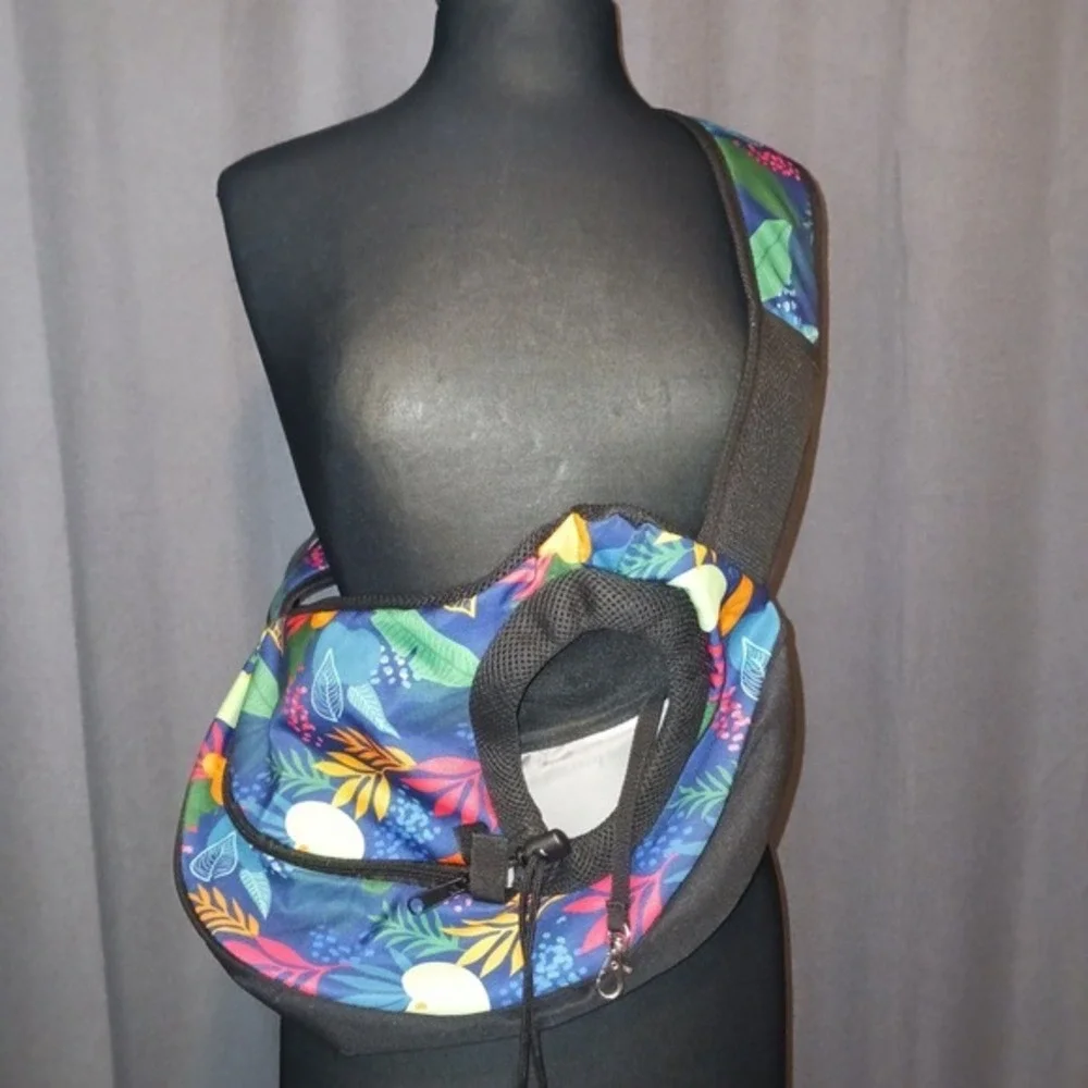 Fanfaree Pet Sling Dog‎ Carrier Bag Tropical Floral Blue Mesh Pocket